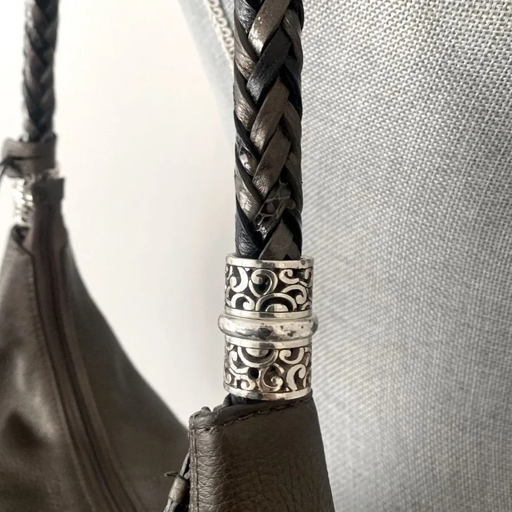 BRIGHTON Metallic Taupe leather shoulder bag braided handle heat charms Medium